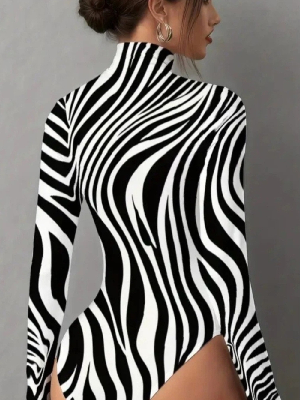Zebra Print High Neck Long Sleeve Bodysuit - Black & White - Picture 2 of 2